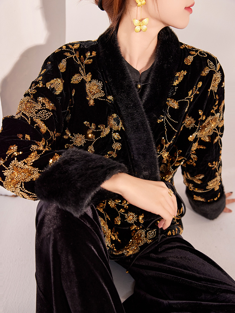 新しい中国風の冬の婦人服、高級Vネック新しい中国風のゴールド - Jackets のレビューと価格