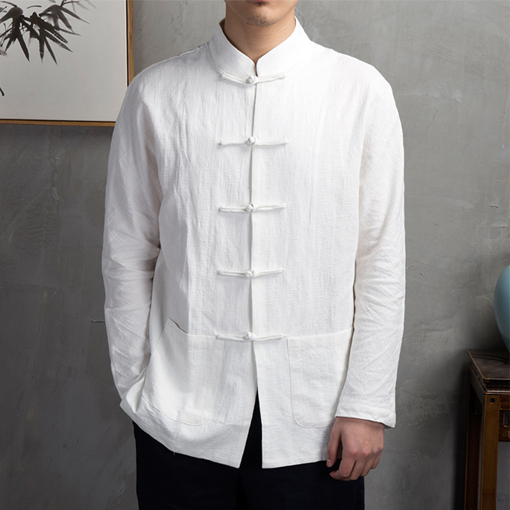 レトロカジュアル男性中国の伝統的な服カンフー太極拳コート唐ス - Mens Linen Shirt Long Sleeve のレビューと価格