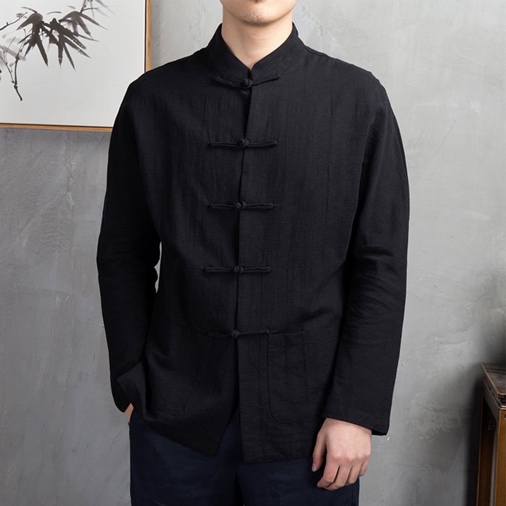 レトロカジュアル男性中国の伝統的な服カンフー太極拳コート唐ス - Mens Linen Shirt Long Sleeve のレビューと価格