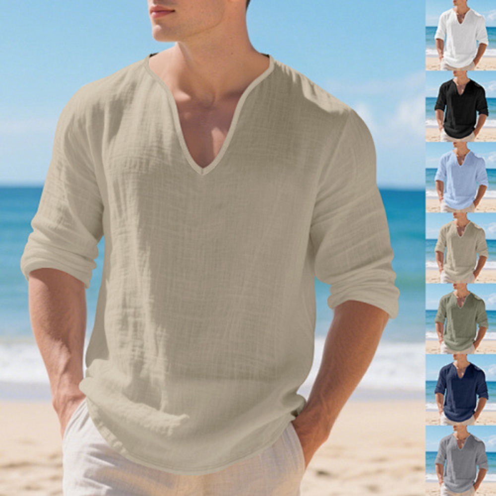 アメリカの新しいメンズルーズプラスサイズ無地リネン長袖Vネッ - Mens Linen Shirt Long Sleeve のレビューと価格