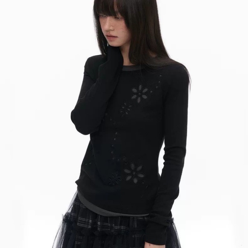 Y2K レディース ダブルレイヤー 刺繍入り中空花柄 長袖ト - T-Shirts のレビューと価格