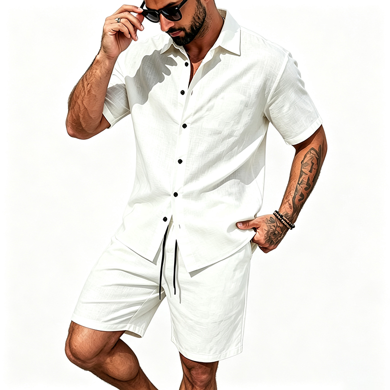 男性リネンツーピース衣装半袖ラペルボタンシャツ弾性ドロースト - Mens Linen Shirt Long Sleeve のレビューと価格