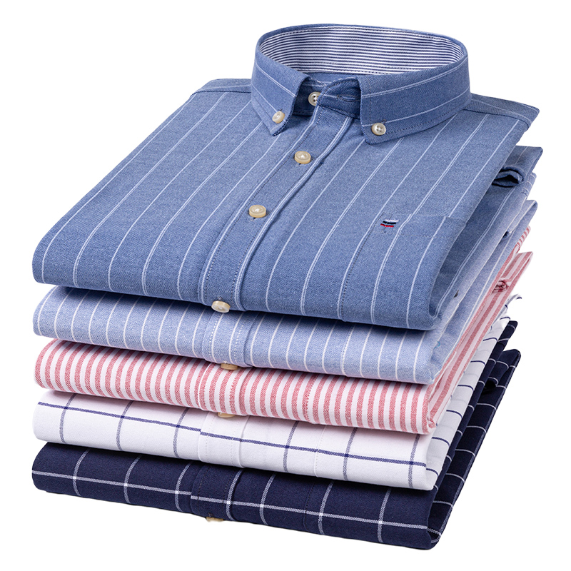 男性用オックスフォードストライプチェックシャツ、100% ピ - Oxford Cotton Casual Shirt Business のレビューと価格