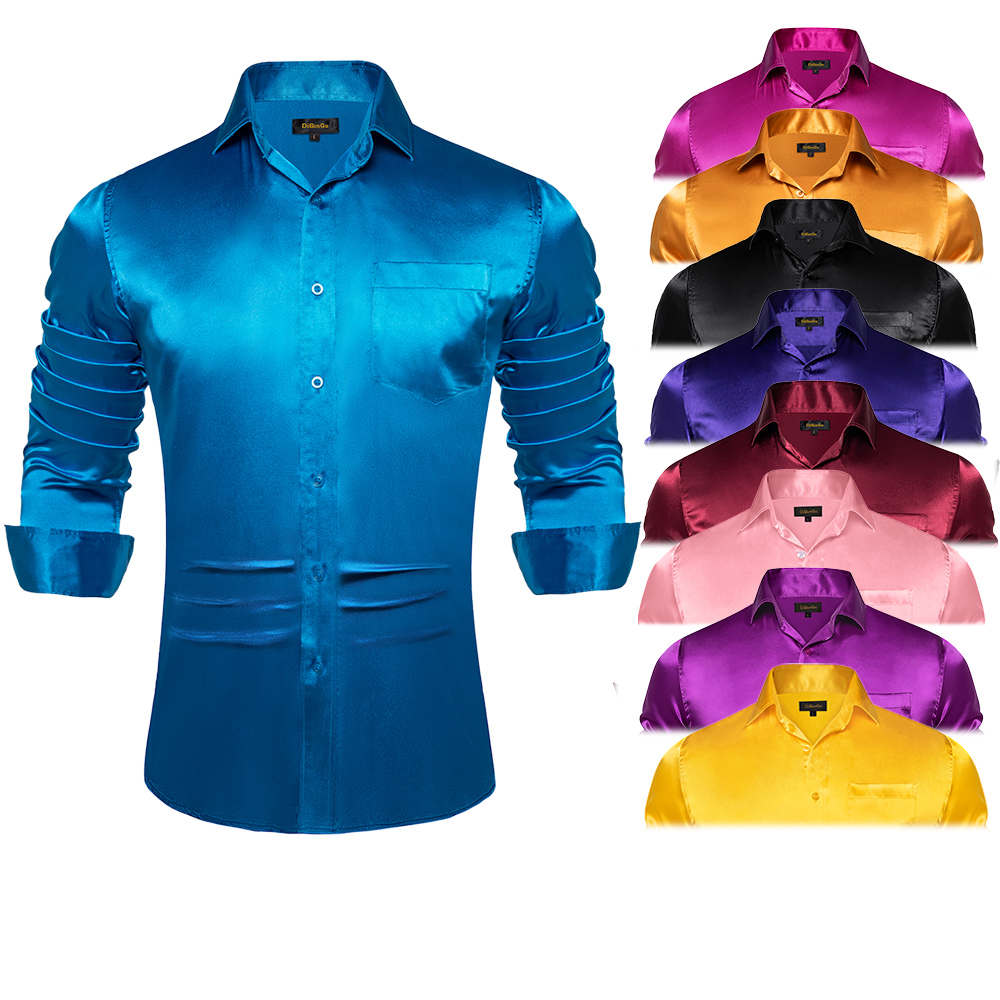 メンズ長袖サテンサマードレス,カジュアル,滑らか,長袖,青, - Mens Satin Silk Dress Shirt のレビューと価格