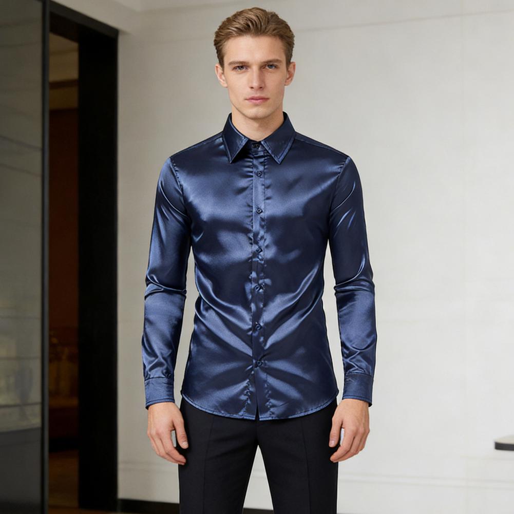 ブルーオレンジレッドイエローサテンシルクシャツメンズカジュア - Mens Satin Silk Dress Shirt のレビューと価格