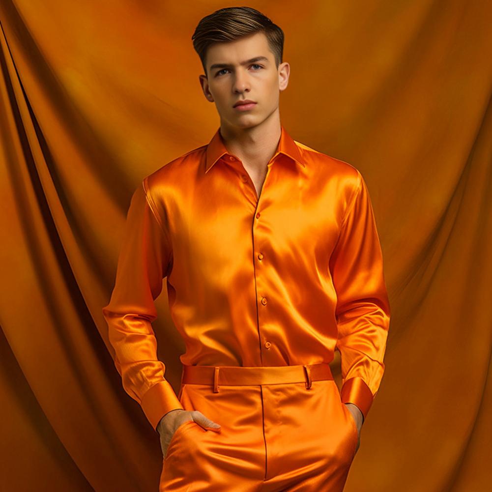 ブルーオレンジレッドイエローサテンシルクシャツメンズカジュア - Mens Satin Silk Dress Shirt のレビューと価格