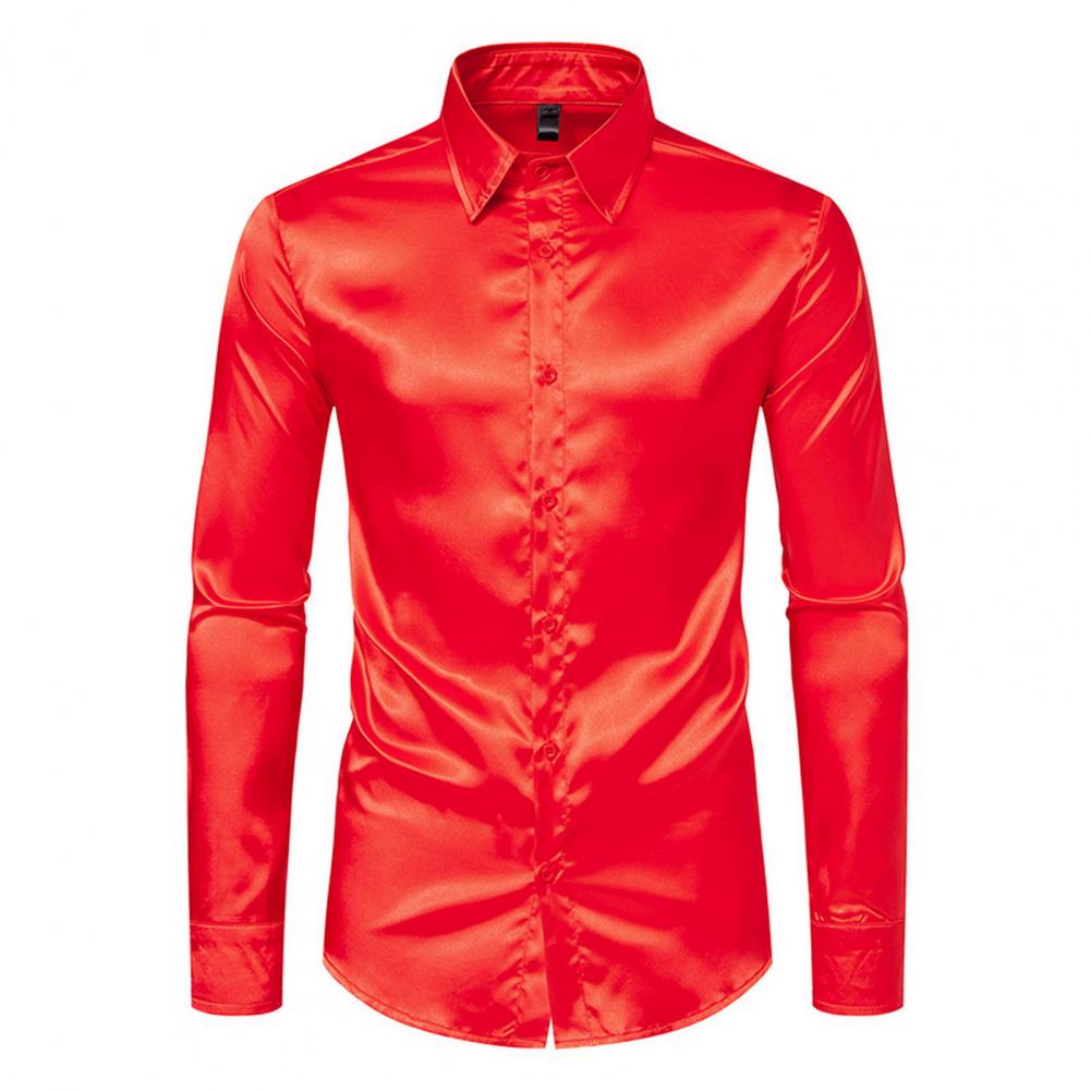 ブルーオレンジレッドイエローサテンシルクシャツメンズカジュア - Mens Satin Silk Dress Shirt のレビューと価格