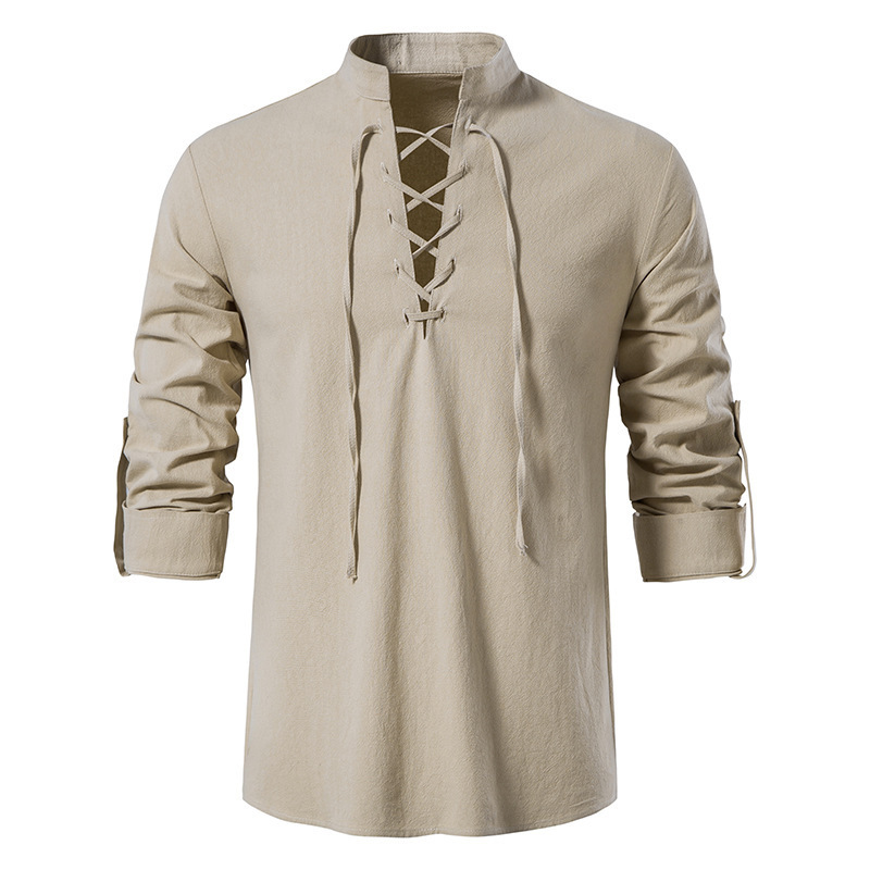 メンズ中世風レースアップコットンリネンシャツスタンドカラーロ - Mens Linen Shirt Long Sleeve のレビューと価格