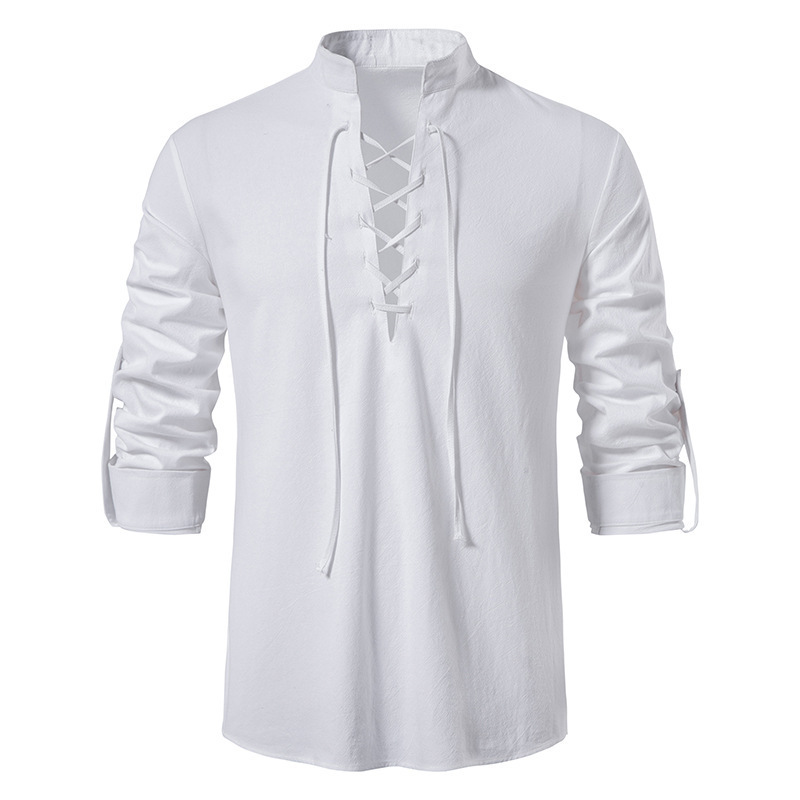 メンズ中世風レースアップコットンリネンシャツスタンドカラーロ - Mens Linen Shirt Long Sleeve のレビューと価格
