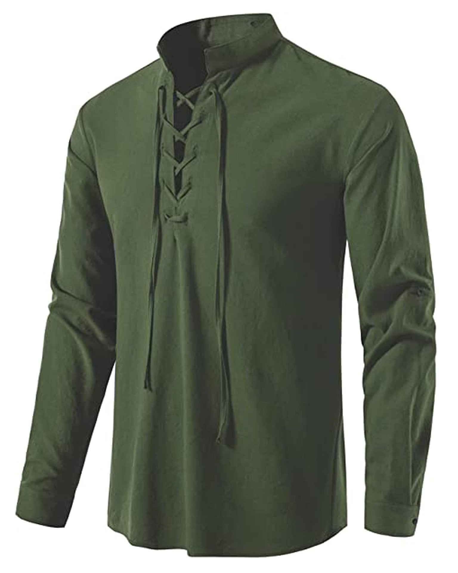 メンズ中世風レースアップコットンリネンシャツスタンドカラーロ - Mens Linen Shirt Long Sleeve のレビューと価格