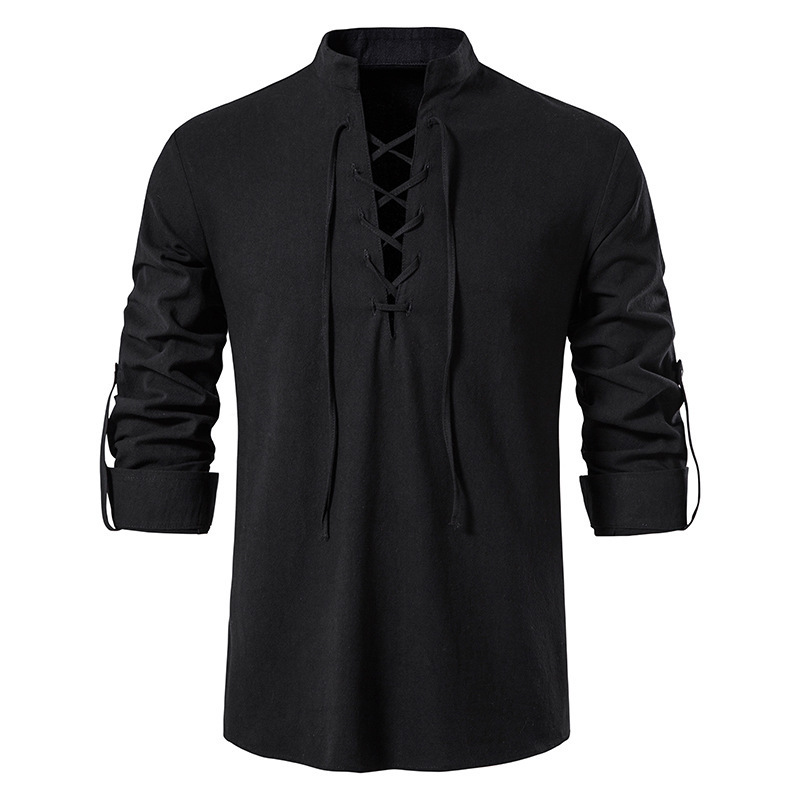 メンズ中世風レースアップコットンリネンシャツスタンドカラーロ - Mens Linen Shirt Long Sleeve のレビューと価格