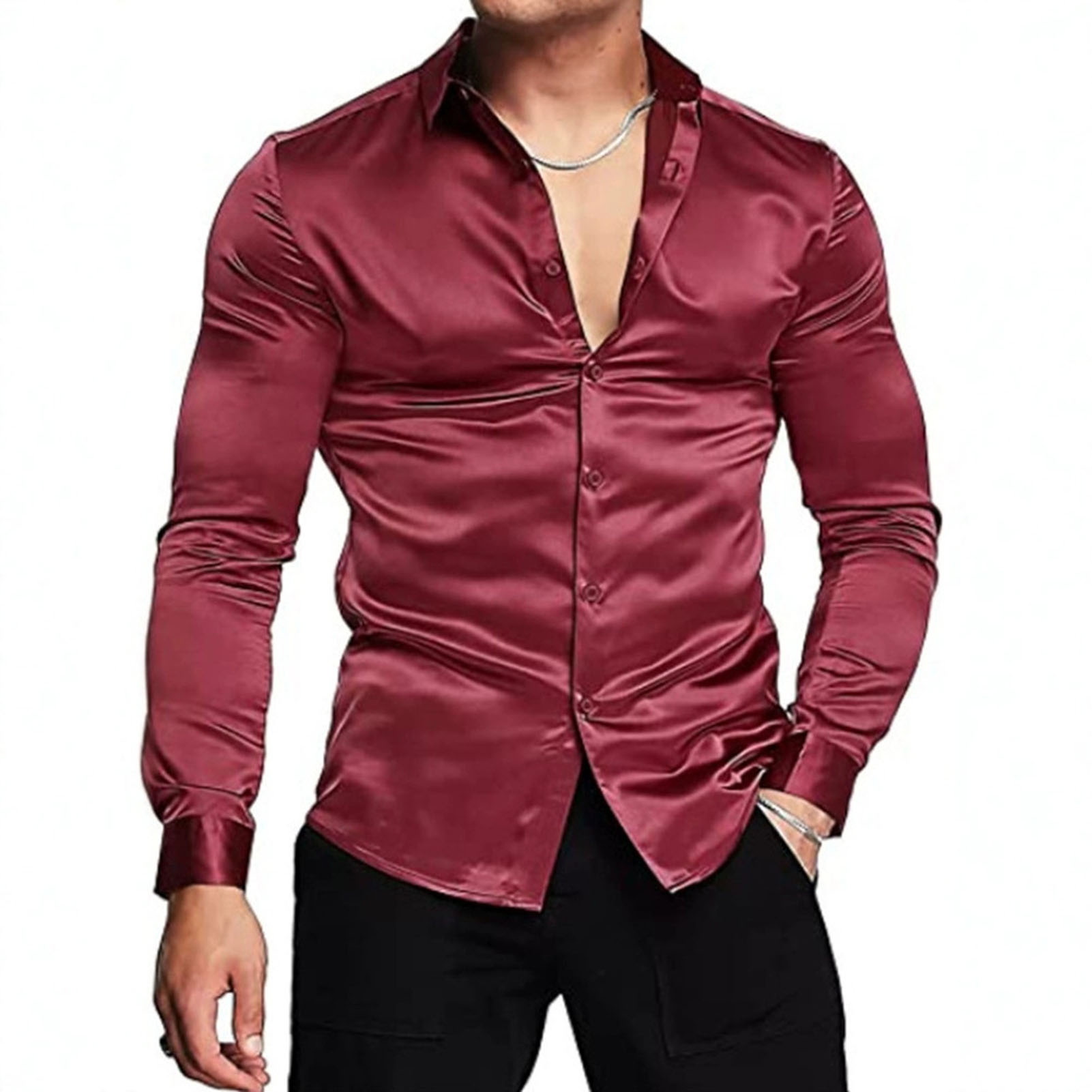 春秋シルクサテンシャツ高級ドレスシャツメンズスリム長袖ラペル - Mens Satin Silk Dress Shirt のレビューと価格