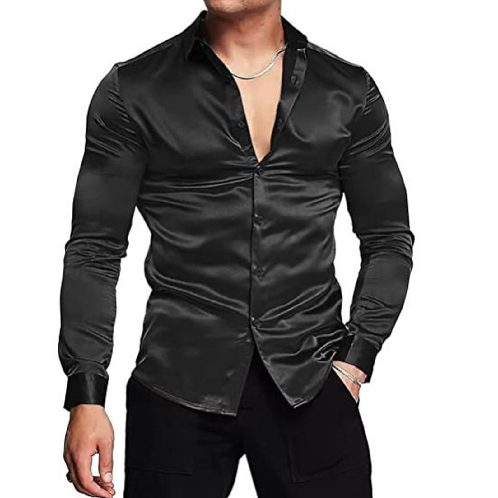 春秋シルクサテンシャツ高級ドレスシャツメンズスリム長袖ラペル - Mens Satin Silk Dress Shirt のレビューと価格