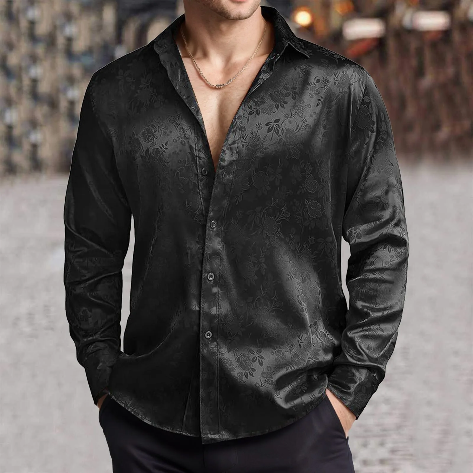 メンズ模造シルクサテンドレスシャツジャカード長袖花ボタンアッ - Mens Satin Silk Dress Shirt のレビューと価格
