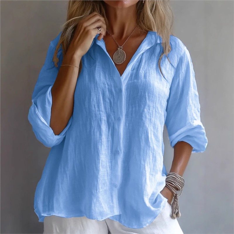 無地リネンセクシーな V ネックシングルブレスト長袖春秋婦人 - Mens Linen Shirt Long Sleeve のレビューと価格