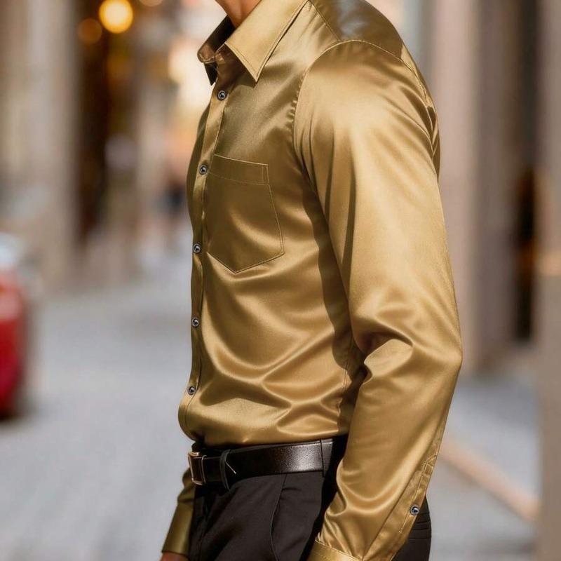 メンズ サテン風アイスシルク ドレスシャツ スリムフィット  - Mens Satin Silk Dress Shirt のレビューと価格
