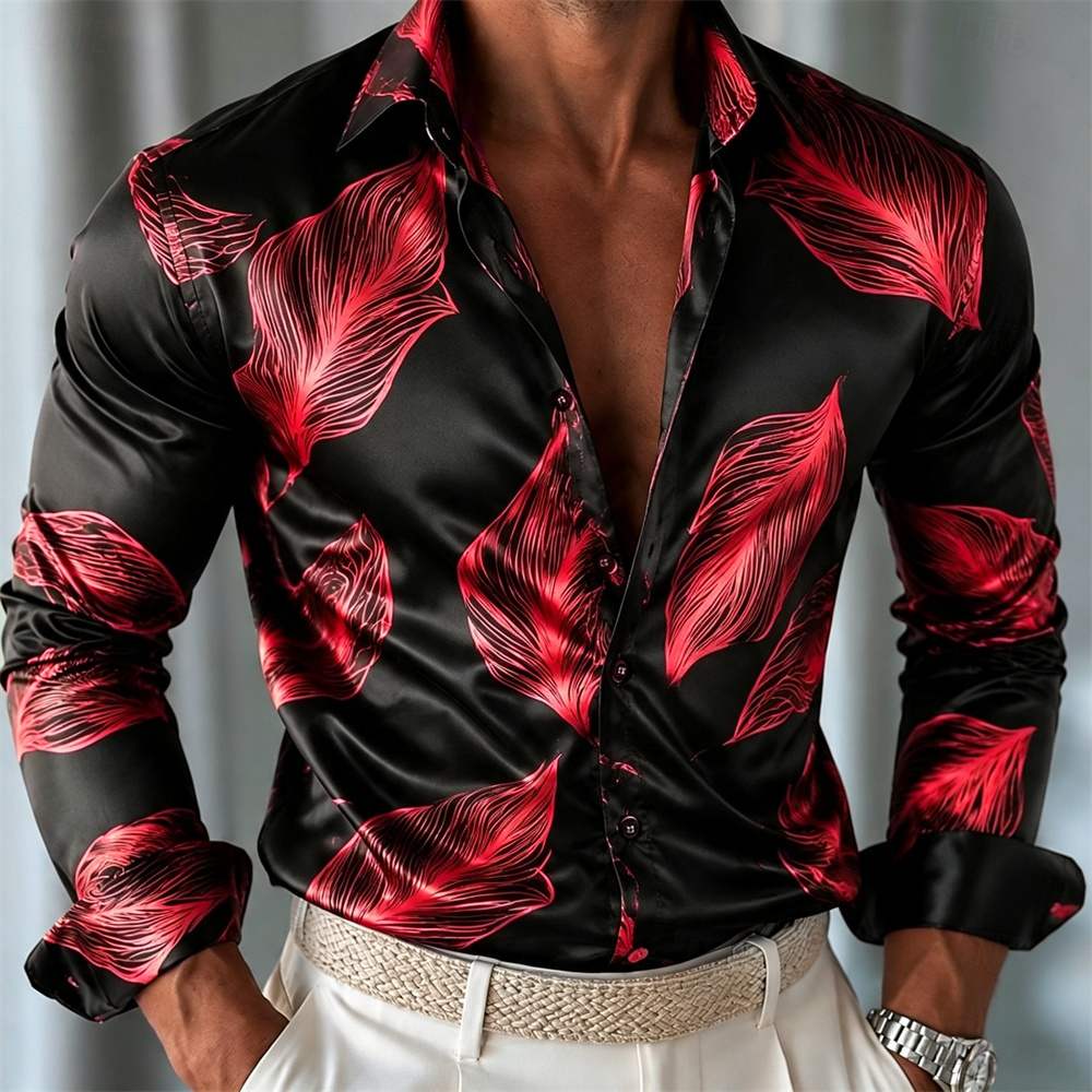 メンズリーフ柄サテンシャツ、長袖カジュアルファッションリゾー - Mens Satin Silk Dress Shirt のレビューと価格