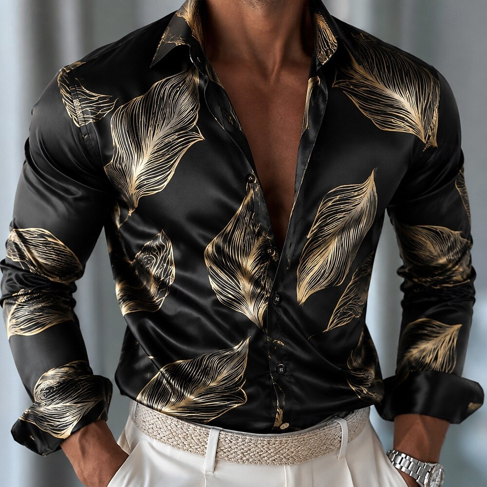 メンズリーフ柄サテンシャツ、長袖カジュアルファッションリゾー - Mens Satin Silk Dress Shirt のレビューと価格