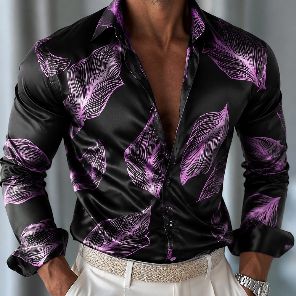 メンズリーフ柄サテンシャツ、長袖カジュアルファッションリゾー - Mens Satin Silk Dress Shirt のレビューと価格