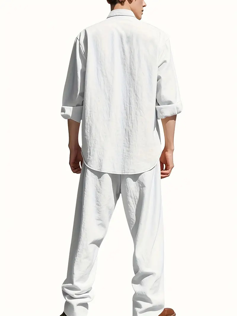メンズ白リネンスーツセット 長袖ヘンリーシャツと伸縮性ウエス - Mens Linen Shirt Long Sleeve のレビューと価格