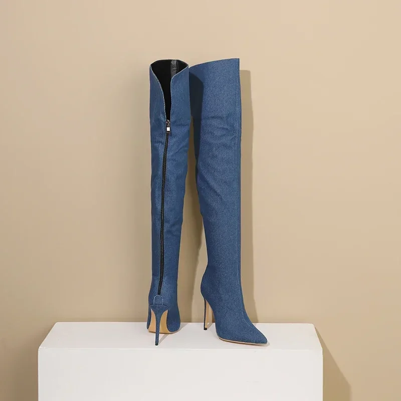セクシーな女性サイハイブーツブルーブラックデニム薄いスティレ - Jeans のレビューと価格