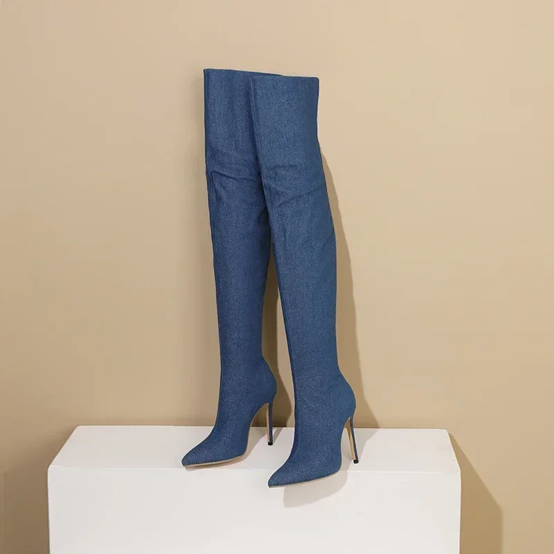 セクシーな女性サイハイブーツブルーブラックデニム薄いスティレ - Jeans のレビューと価格
