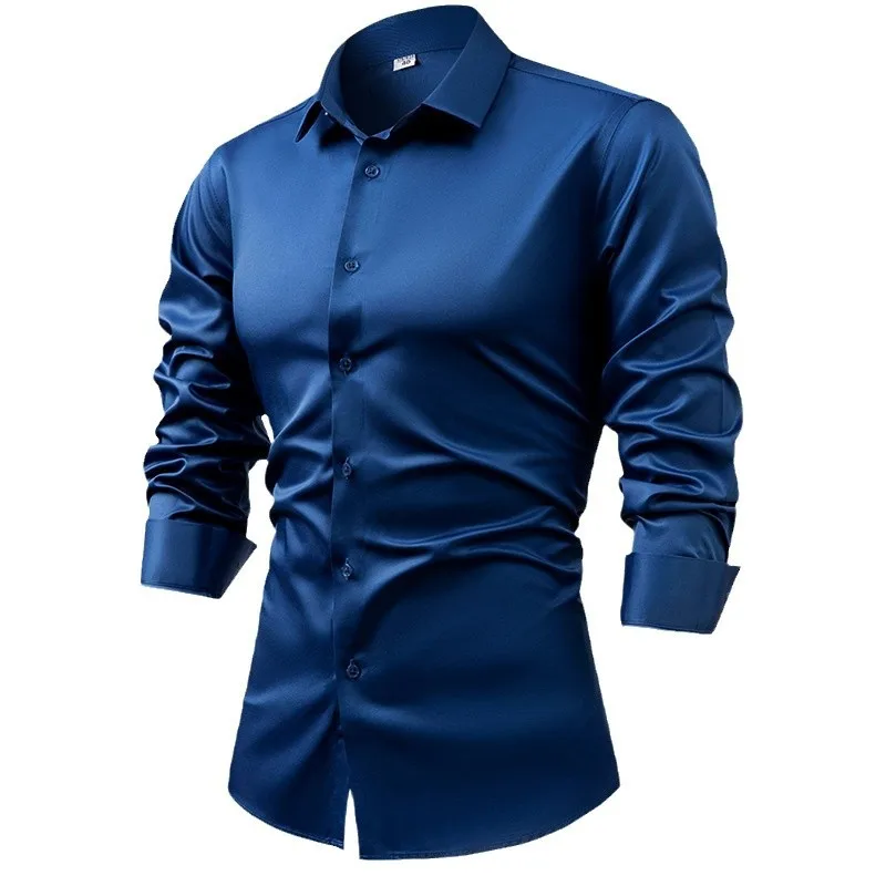 メンズ長袖シルクサテンシャツ,ネイビーブルー,カジュアル,ア - Mens Satin Silk Dress Shirt のレビューと価格