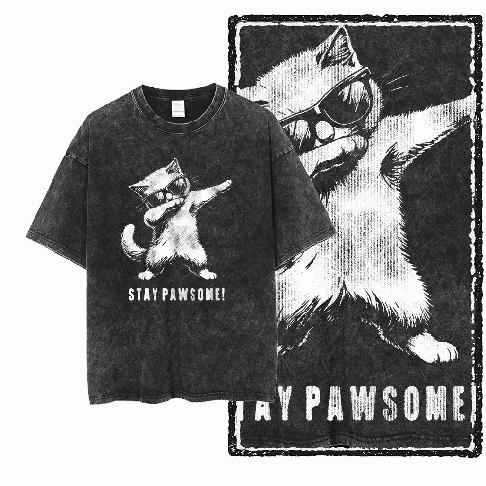 G55 酸洗いブラックコットンクールキャットグラフィックメン - Acid Wash Vintage Graphic T Shirt のレビューと価格