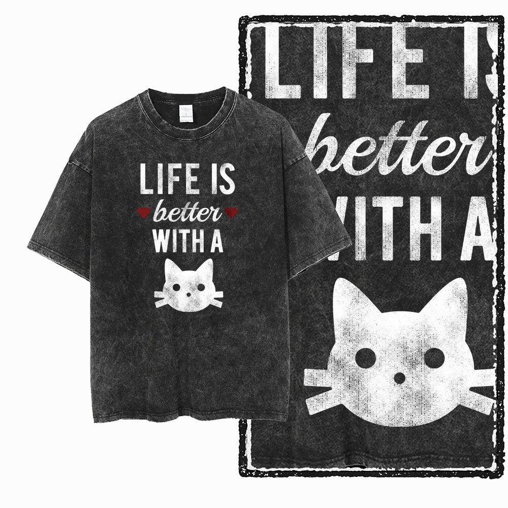 G55 酸洗いブラックコットンクールキャットグラフィックメン - Acid Wash Vintage Graphic T Shirt のレビューと価格