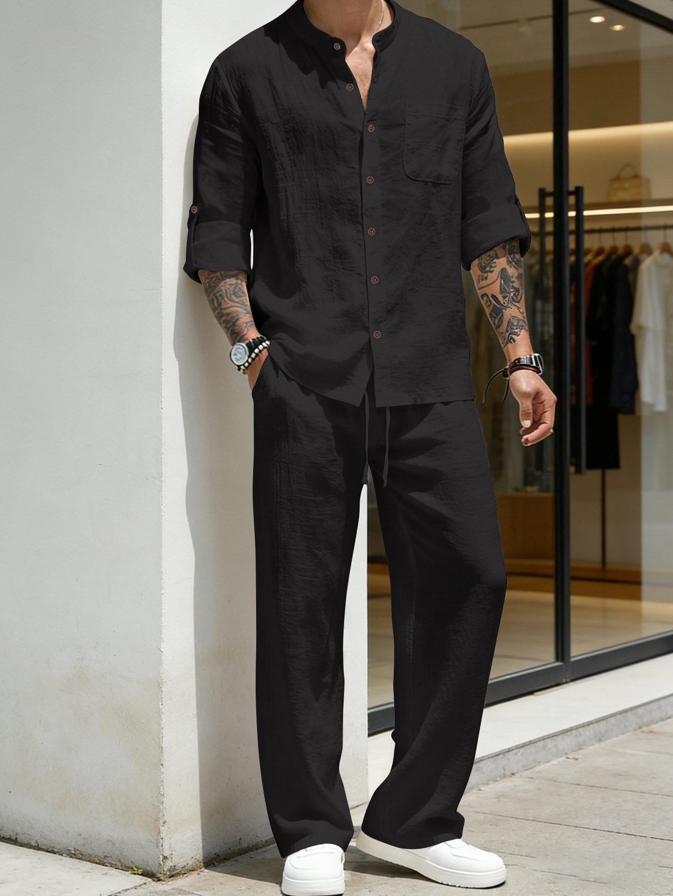 スーツ ルーズリネン長袖シャツとパンツ ビーチセット メンズ - Mens Linen Shirt Long Sleeve のレビューと価格