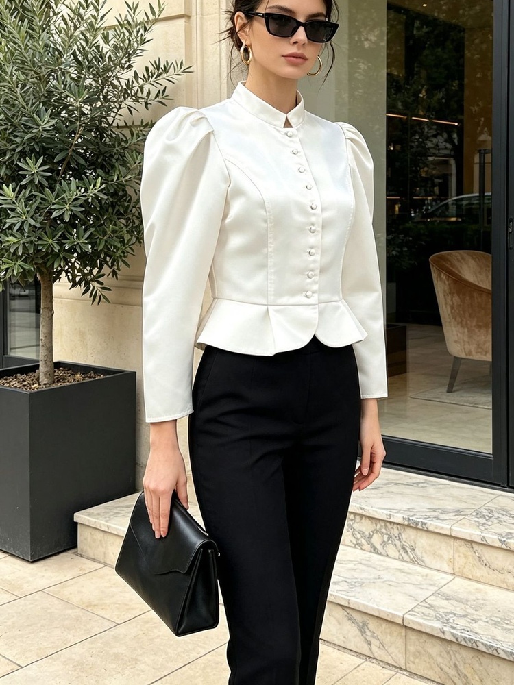 ペプラムブラウス 長袖 パフショルダー マンダリンカラー ボ - Mandarin Collar Formal Shirt Slim Fit のレビューと価格