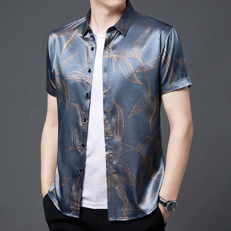 男性用シルクシャツ,夏服,ファッショナブルなプリント,半袖, - Mens Satin Silk Dress Shirt のレビューと価格