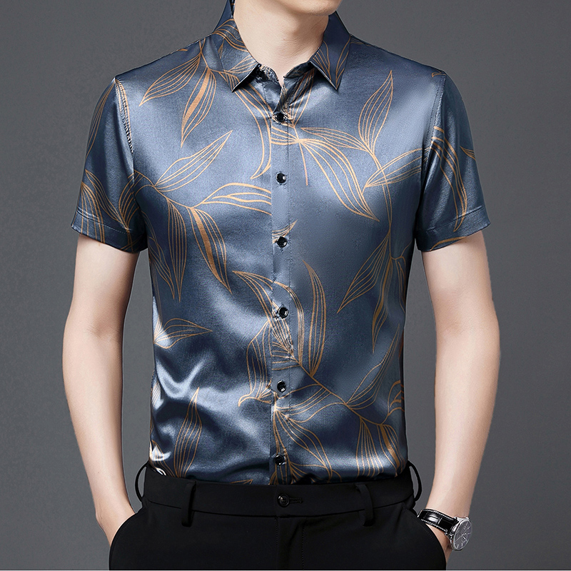 男性用シルクシャツ,夏服,ファッショナブルなプリント,半袖, - Mens Satin Silk Dress Shirt のレビューと価格