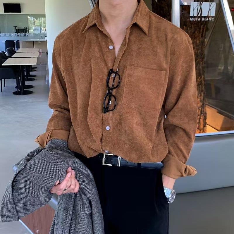 男性コーデュロイ長袖黒シャツ秋のファッションヴィンテージメン - Corduroy Button Up Shirt Men のレビューと価格