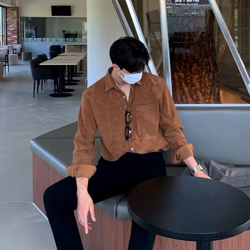 男性コーデュロイ長袖黒シャツ秋のファッションヴィンテージメン - Corduroy Button Up Shirt Men のレビューと価格