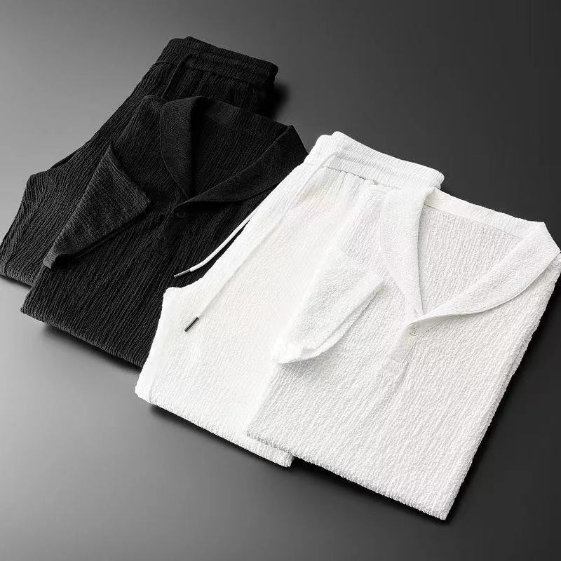 夏超薄型ツーピースアイスシルクリネンスーツメンズコットンリネ - Mens Linen Shirt Long Sleeve のレビューと価格