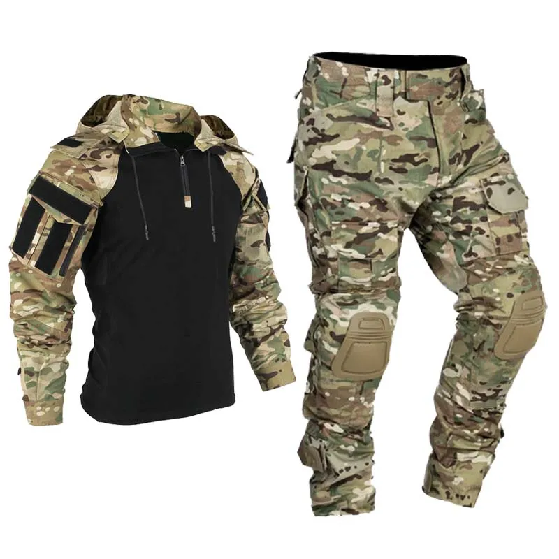 男性の戦術的な制服軍事屋外迷彩戦闘スーツシャツパーカーセット - Tactical Military Shirt Cargo のレビューと価格