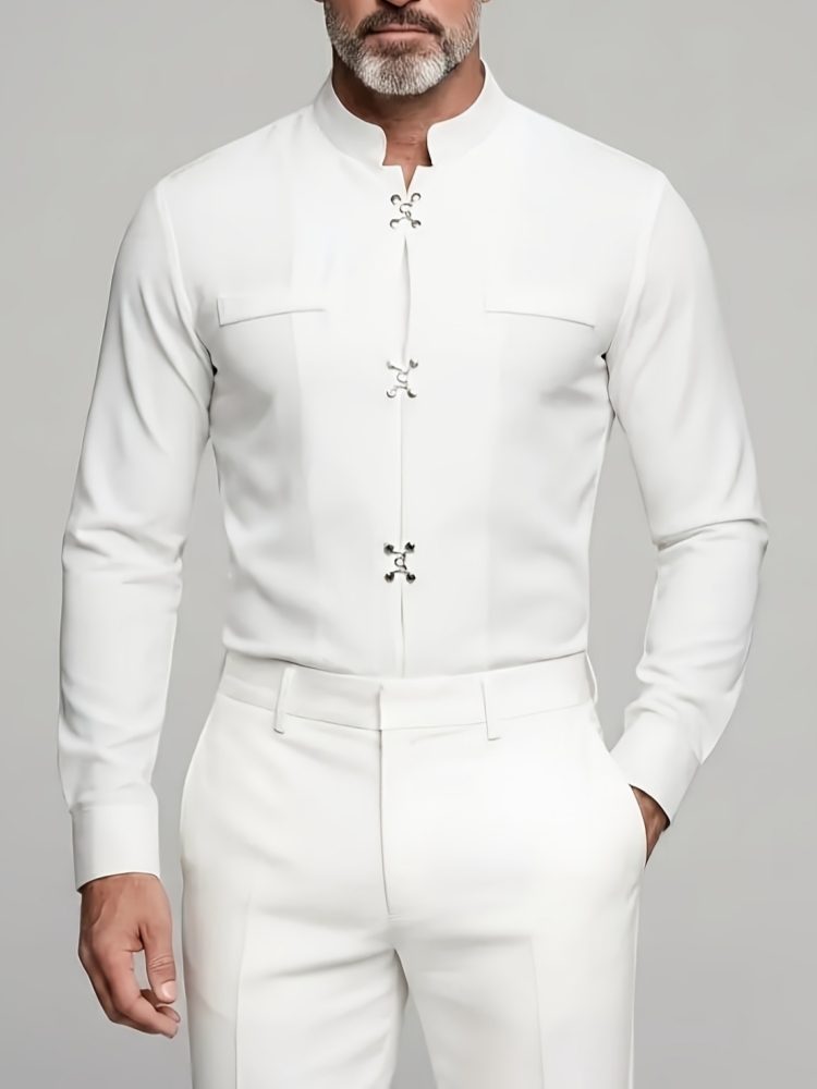 ラグジュアリーメンズマンダリンスタンドカラーシャツ 長袖 メ - Mandarin Collar Formal Shirt Slim Fit のレビューと価格