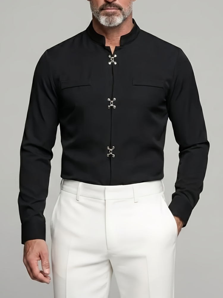 ラグジュアリーメンズマンダリンスタンドカラーシャツ 長袖 メ - Mandarin Collar Formal Shirt Slim Fit のレビューと価格