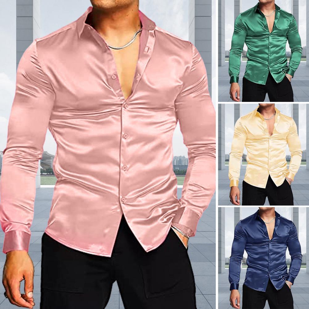 スタイリッシュなメンズシャツ、光沢のあるシルクのようなサテン - Mens Satin Silk Dress Shirt のレビューと価格